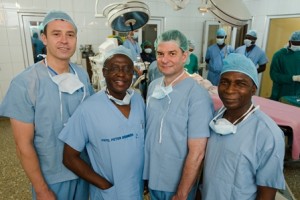 Dr Richard Hopper (left), Dr Peter Donkor, Dr Michael Cunningham and Dr Olasoji Oladapo at Komfo Anokye Teaching Hospital (KATH) in Kumasi, Ghana on 21 May 2014.
