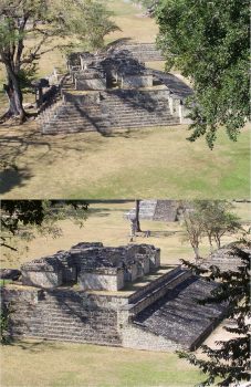 A collage of two photos showing Mayan ruins.