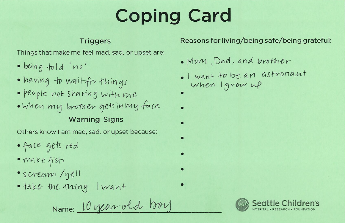 Coping Card example: 10 year-old boy (side 1)
