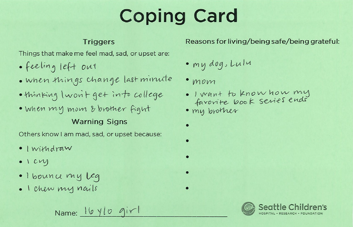 Coping Card example: 16 year-old girl (side 1)