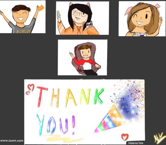 Screen shot of four sketches of kids at the top and a thank you note at the bottom