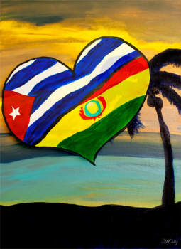 A painting combining the Cuban and Bolivian flags within a heart with a palm tree and the ocean in the background
