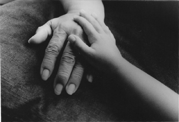 A child's hand touching an adult's hand.