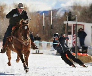 Hunter skijoring, which is when a skier is pulled by a horse. 