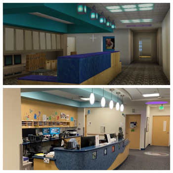 top picture is minecraft version of clinical desk. bottom picture is real life photo of clinical desk